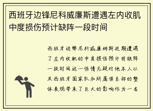 西班牙边锋尼科威廉斯遭遇左内收肌中度损伤预计缺阵一段时间